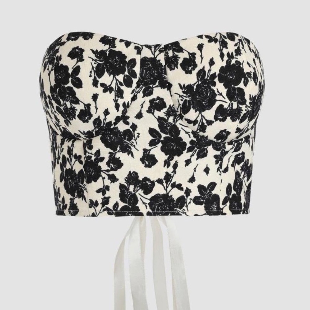 Cider | Black and White Floral Strapless Corset Bustier Top‎
